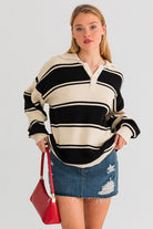 Striped Serenity Collared Oversized Sweater Top-Black and White-Avah