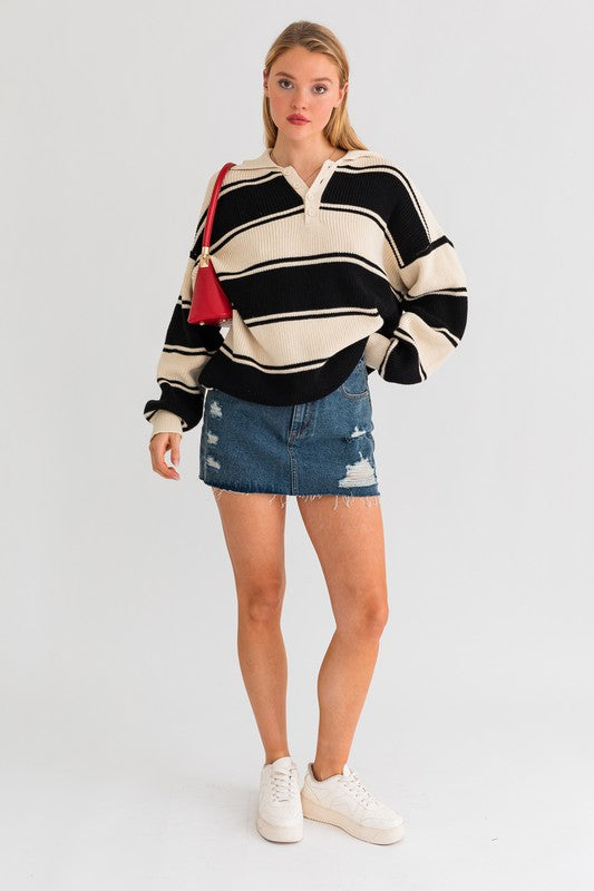 Striped Serenity Collared Oversized Sweater Top-Black and White-Avah