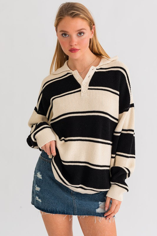 Striped Serenity Collared Oversized Sweater Top-Black and White-Avah