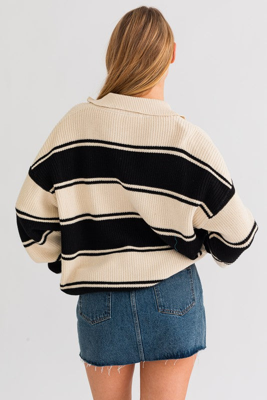 Striped Serenity Collared Oversized Sweater Top-Black and White-Avah