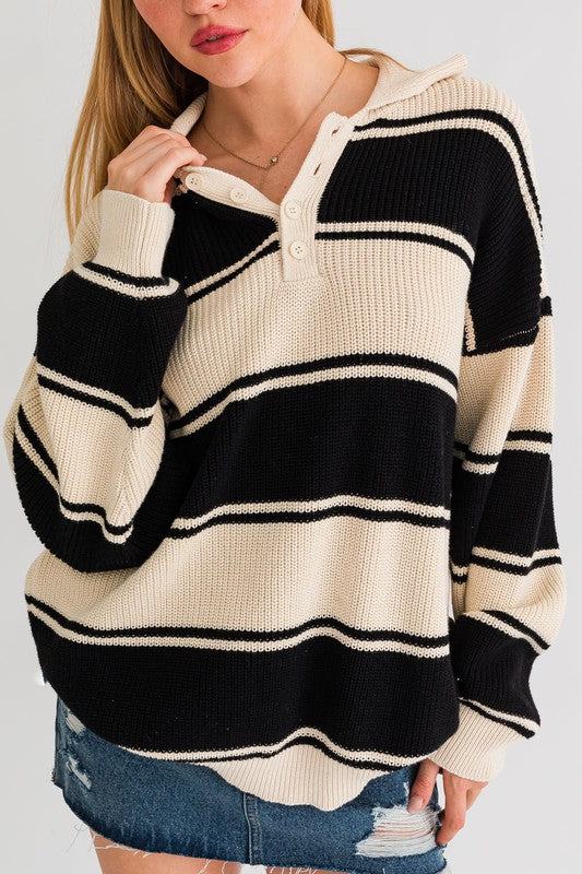 Striped Serenity Collared Oversized Sweater Top-Black and White-Avah