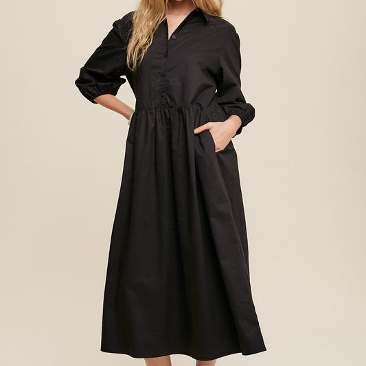 Chic Simplicity Puff Sleeve Babydoll Midi Dress-Black-Avah