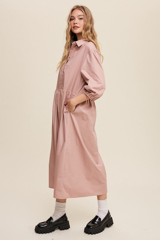 Chic Simplicity Puff Sleeve Babydoll Midi Dress-Blush-Avah