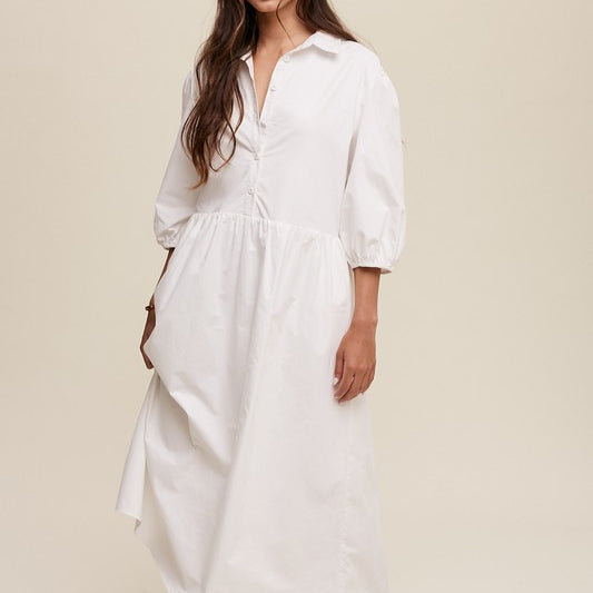 Chic Simplicity Puff Sleeve Babydoll Midi Dress-White-Avah