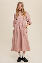 Chic Simplicity Puff Sleeve Babydoll Midi Dress-Blush-Avah