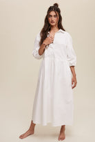 Chic Simplicity Puff Sleeve Babydoll Midi Dress-White-Avah