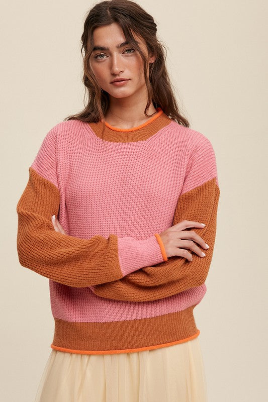 AVAH-Comfort Craze Color Block Knit Pullover Sweater-Pink