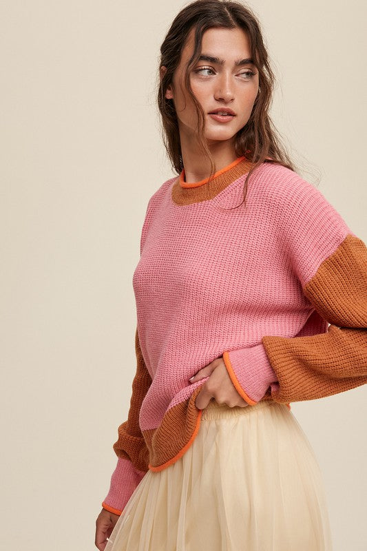 AVAH-Comfort Craze Color Block Knit Pullover Sweater-Pink