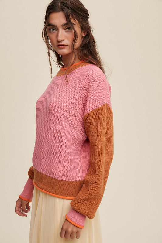 AVAH-Comfort Craze Color Block Knit Pullover Sweater-Pink