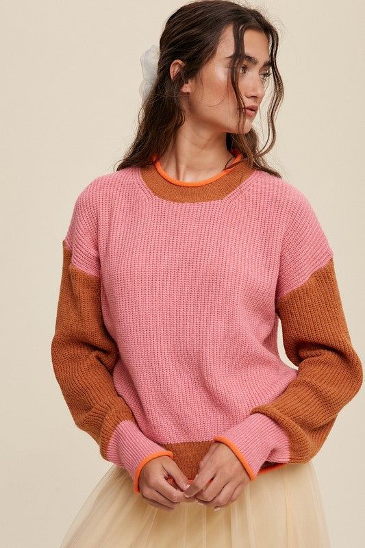 AVAH-Comfort Craze Color Block Knit Pullover Sweater-Pink