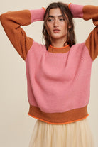 AVAH-Comfort Craze Color Block Knit Pullover Sweater-Pink