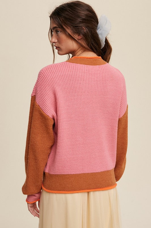 AVAH-Comfort Craze Color Block Knit Pullover Sweater-Pink