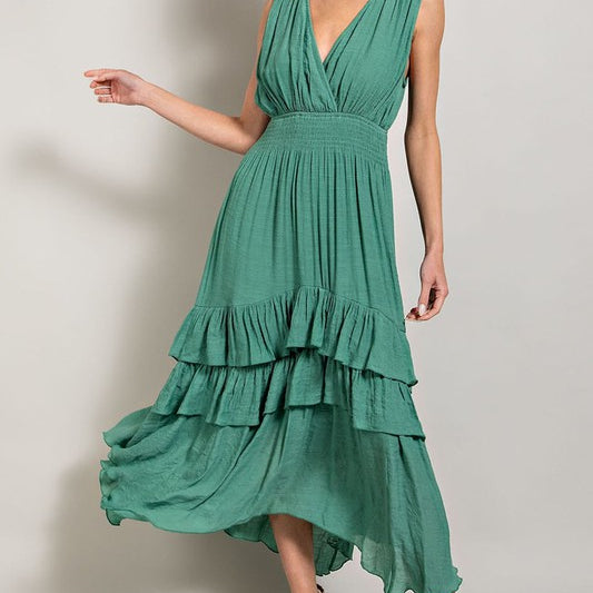 Faithful V-Neck Ruffled And Flowy Maxi Dress-Sage Green-Avah Couture
