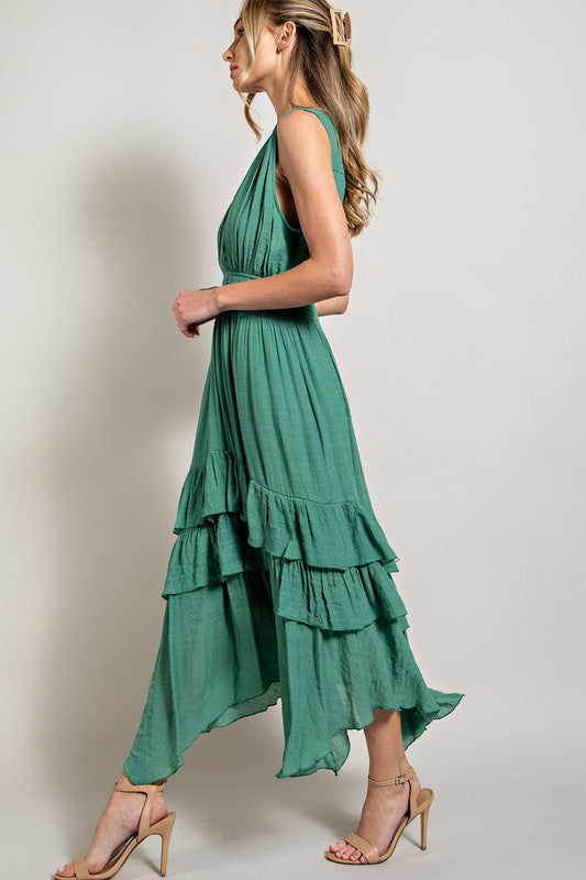 Faithful V-Neck Ruffled And Flowy Maxi Dress-Sage Green-Avah Couture