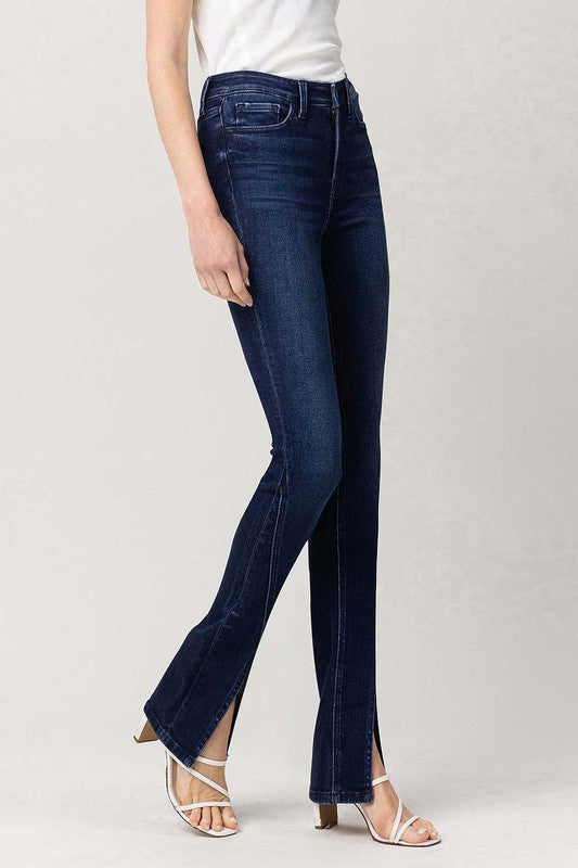 Convinced High Waisted Straight Leg Jeans with Ankle Slit-Dark Wash-Avah