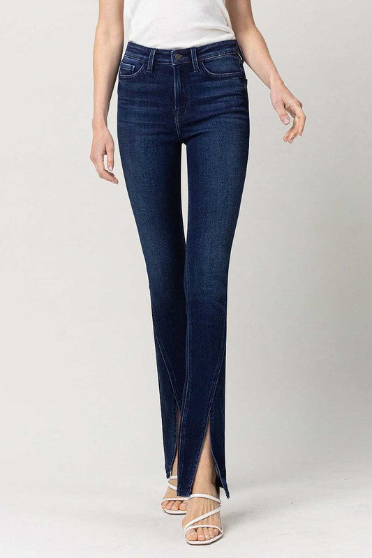 Convinced High Waisted Straight Leg Jeans with Ankle Slit-Dark Wash-Avah