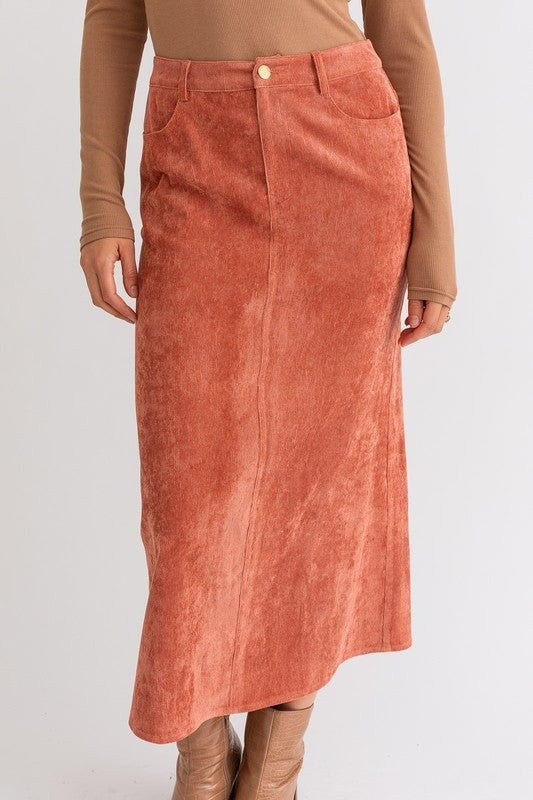 Adorned Corduroy Midi Skirt - Rust-Avah