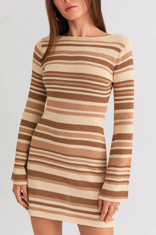 Isa Bell Sleeve Sweater Dress - Taupe Multi Striped-Avah