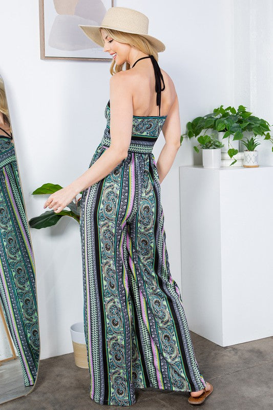 Alexandra Halter Neck Wide Leg Jumpsuit-Black Combo-Avah Couture