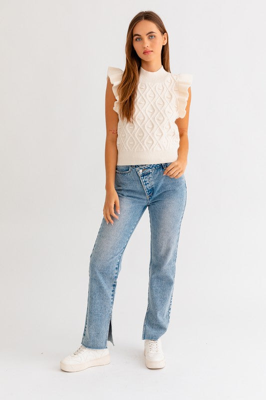 Kallie Cable Knit Mock Neck Sleeveless Top-White-Avah