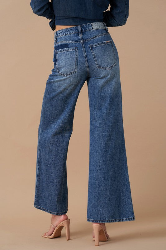 AVAH-Retro Revival Mid Rise Wide Leg Jeans-Dark Vintage Wash