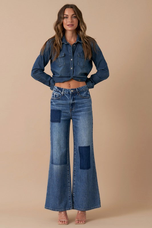 AVAH-Retro Revival Mid Rise Wide Leg Jeans-Dark Vintage Wash