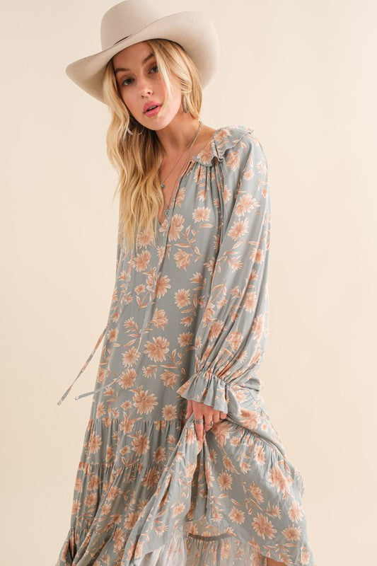 Charisma Ruffle Tiered Floral Maxi Dress - Sage Green - Avah