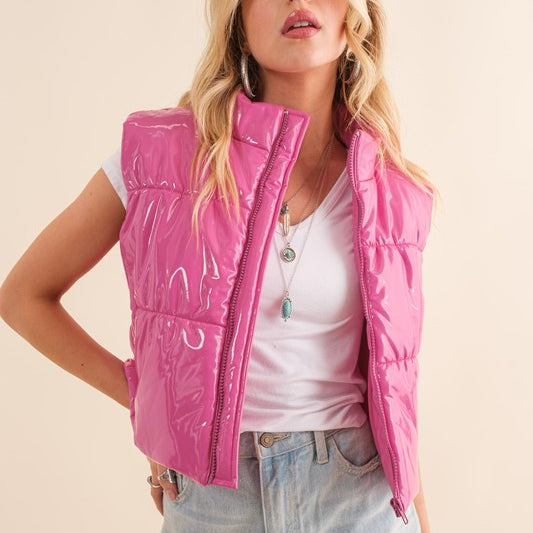 Downtown Quilted Faux Leather Puffer Vest-Pink-Avah