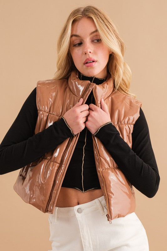 Downtown Quilted Faux Leather Puffer Vest-Tan-Avah