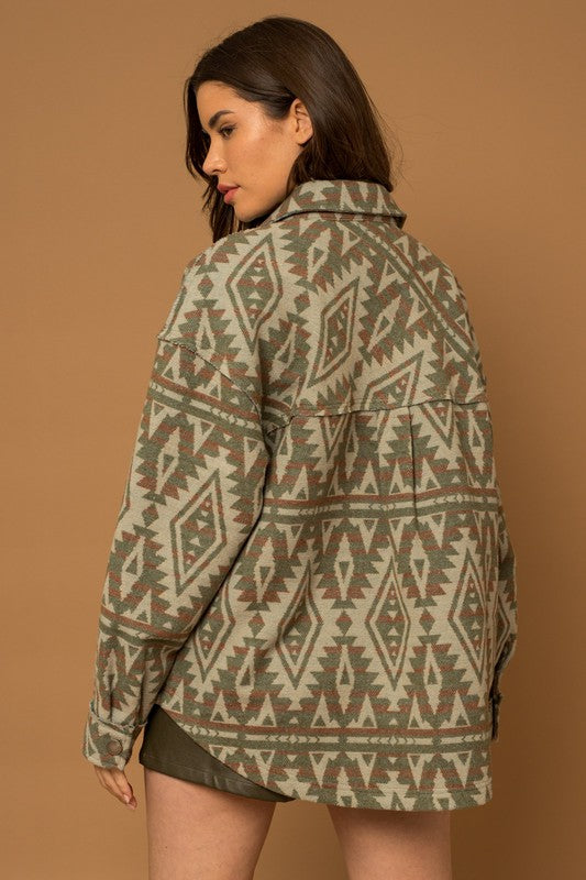 Aztec Print Boho Chic Shacket - Olive-Avah