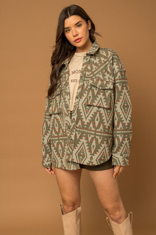 Aztec Print Boho Chic Shacket - Olive-Avah