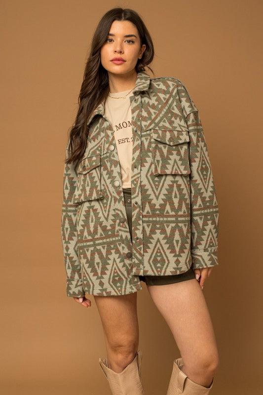 Aztec Print Boho Chic Shacket - Olive-AvahAztec Print Boho Chic Shacket - Olive-Avah