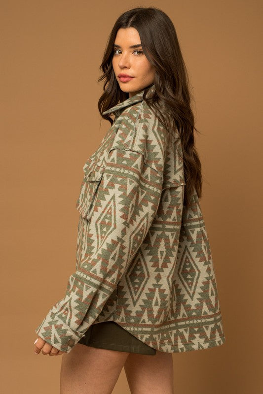 Aztec Print Boho Chic Shacket - Olive-Avah