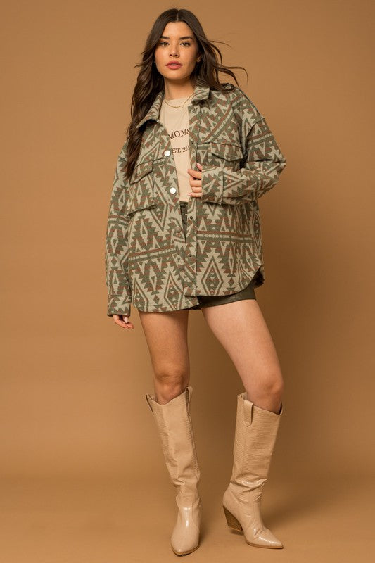 Aztec Print Boho Chic Shacket - Olive-Avah