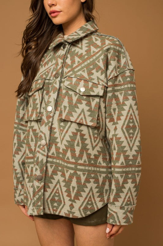 Aztec Print Boho Chic Shacket - Olive-Avah