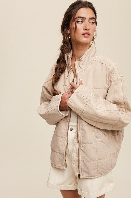 Signature Luxe Quilted Denim Jacket-Beige-Cream-Avah
