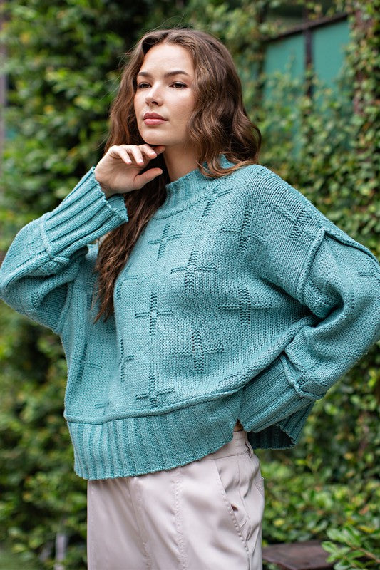Chic Cross-Stitch Turtle Neck Sweater - Sage -Avah