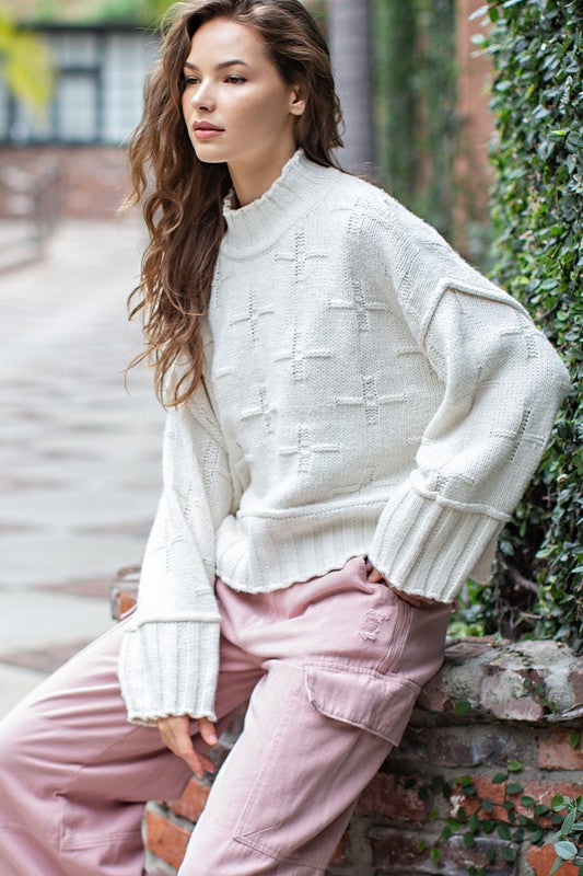 Chic Cross-Stitch Turtle Neck Sweater - Off White-Avah