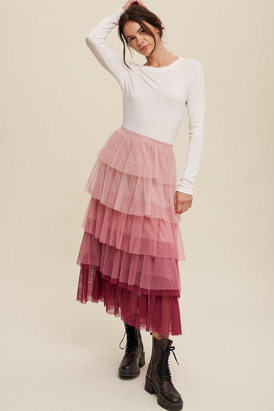 Whispering Rose Gradient Tiered Maxi Skirt-Magenta-Avah