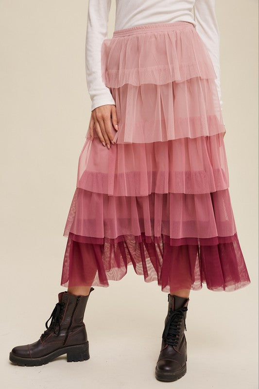 Whispering Rose Gradient Tiered Maxi Skirt-Magenta-Avah