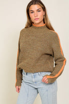 Confident Cozy Raglan Sleeve Mock Neck Sweater-Brown-Orange-Avah