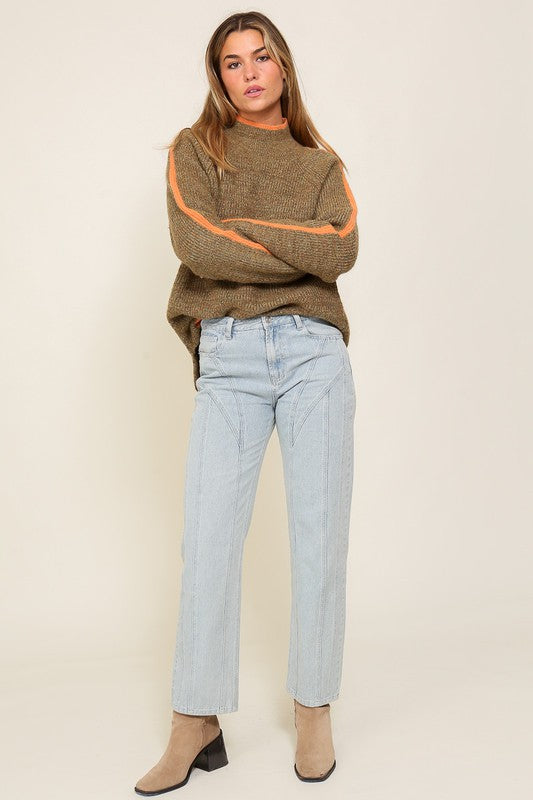 Confident Cozy Raglan Sleeve Mock Neck Sweater-Brown-Orange-Avah