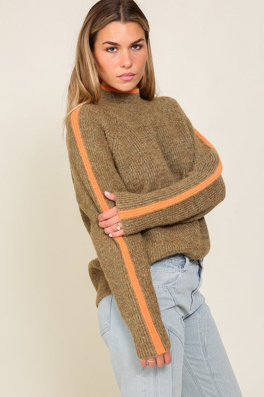 Confident Cozy Raglan Sleeve Mock Neck Sweater-Brown-Orange-Avah