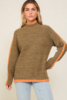 Confident Cozy Raglan Sleeve Mock Neck Sweater-Brown-Orange-Avah