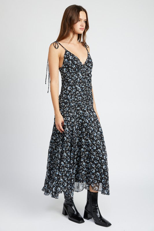 Serene Ruched Midi Dress with Angel Empire Waist Detail-Black Floral-Avah