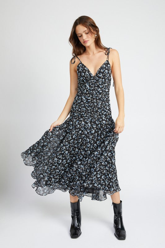 Serene Ruched Midi Dress with Angel Empire Waist Detail-Black Floral-Avah