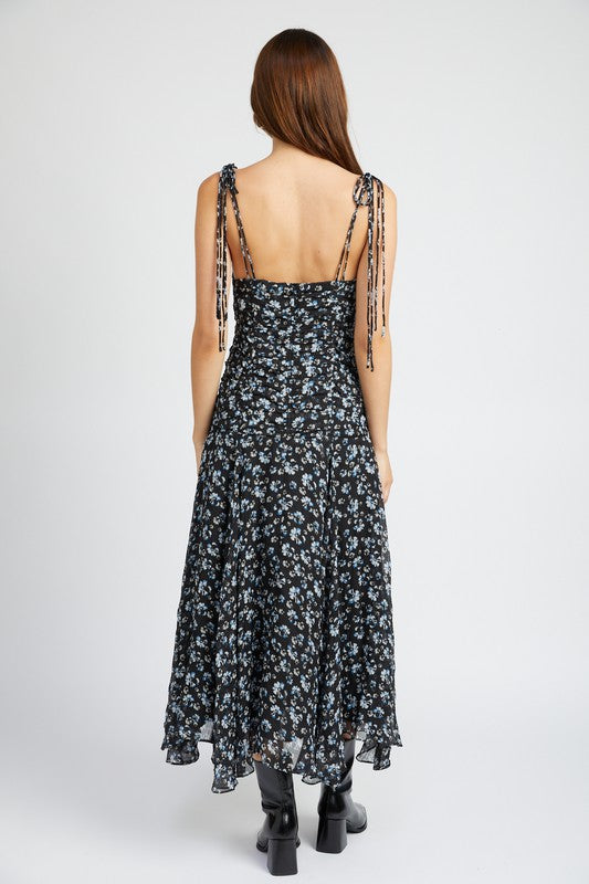 Serene Ruched Midi Dress with Angel Empire Waist Detail-Black Floral-Avah