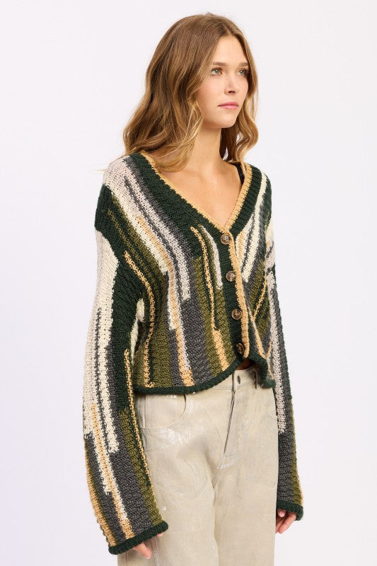 Angled view of model wearing olive green striped cardigan 