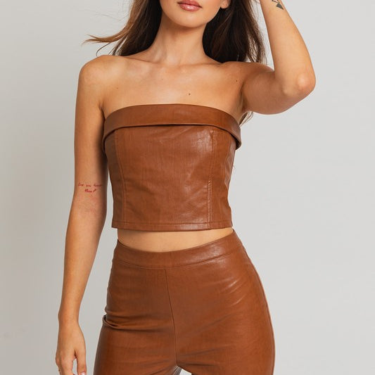 Caramel Delight Strapless Faux Leather Top