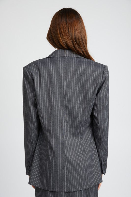 Impression Pinstriped Double Button Blazer-Gray-AVAH